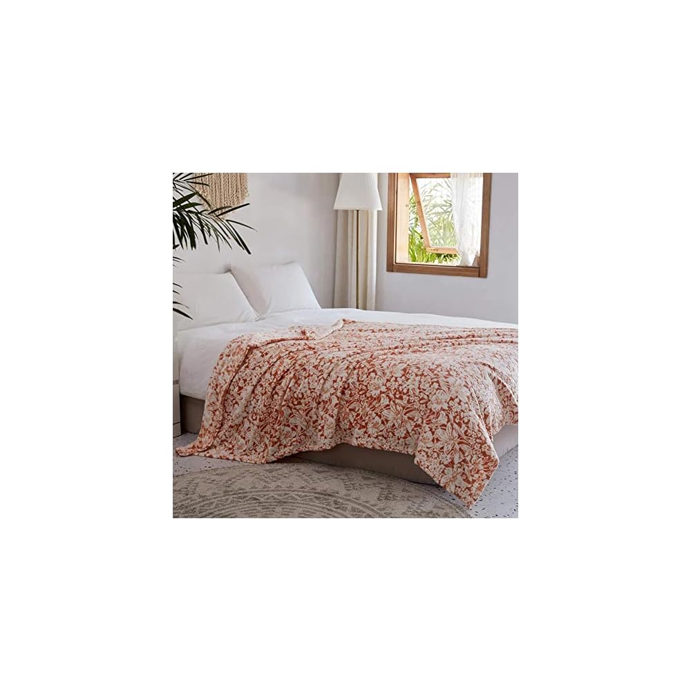 Flannel Fleece Throw Blanket Super Soft Lightweight Microfiber with Flower Print for Couch, 90"X108", Orange