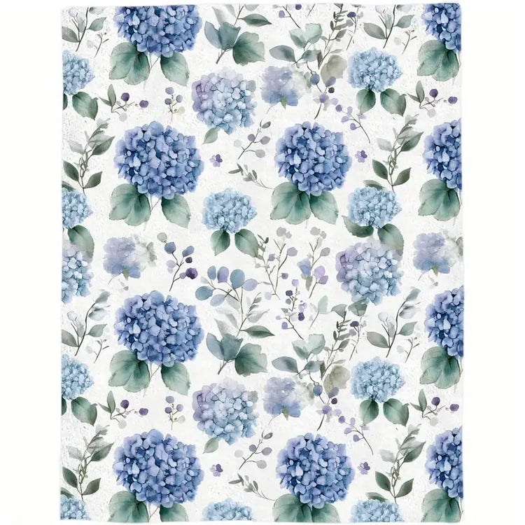 280GSM Warmth Woven Throw Blanket - Blue Hydrangea Pattern, Single-Sided Retro Vintage Vibe, Soft Lightweight Plain Fabric, Wrinkle-Resistant, Fade-Resistant, Machine Washable Easy-Care, Blankets for Bed & Home Décor (Bedroom Sofa), Mother's Day Gift
